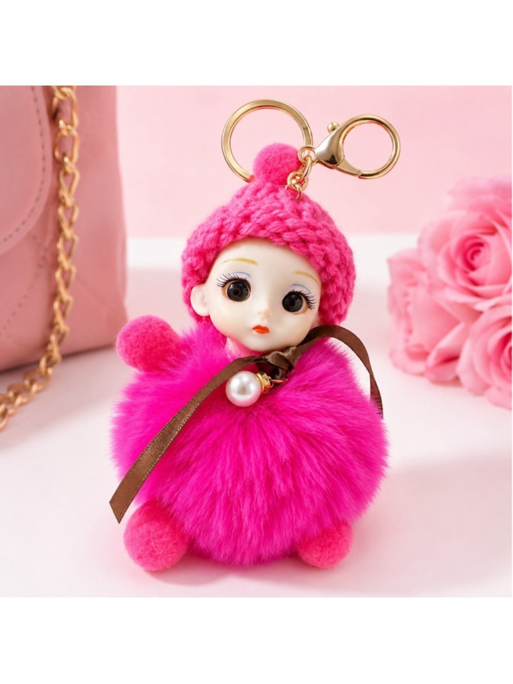 Pink Doll Pom Pom Keychain Cute Plush Purse Charm Backpack Accessory
